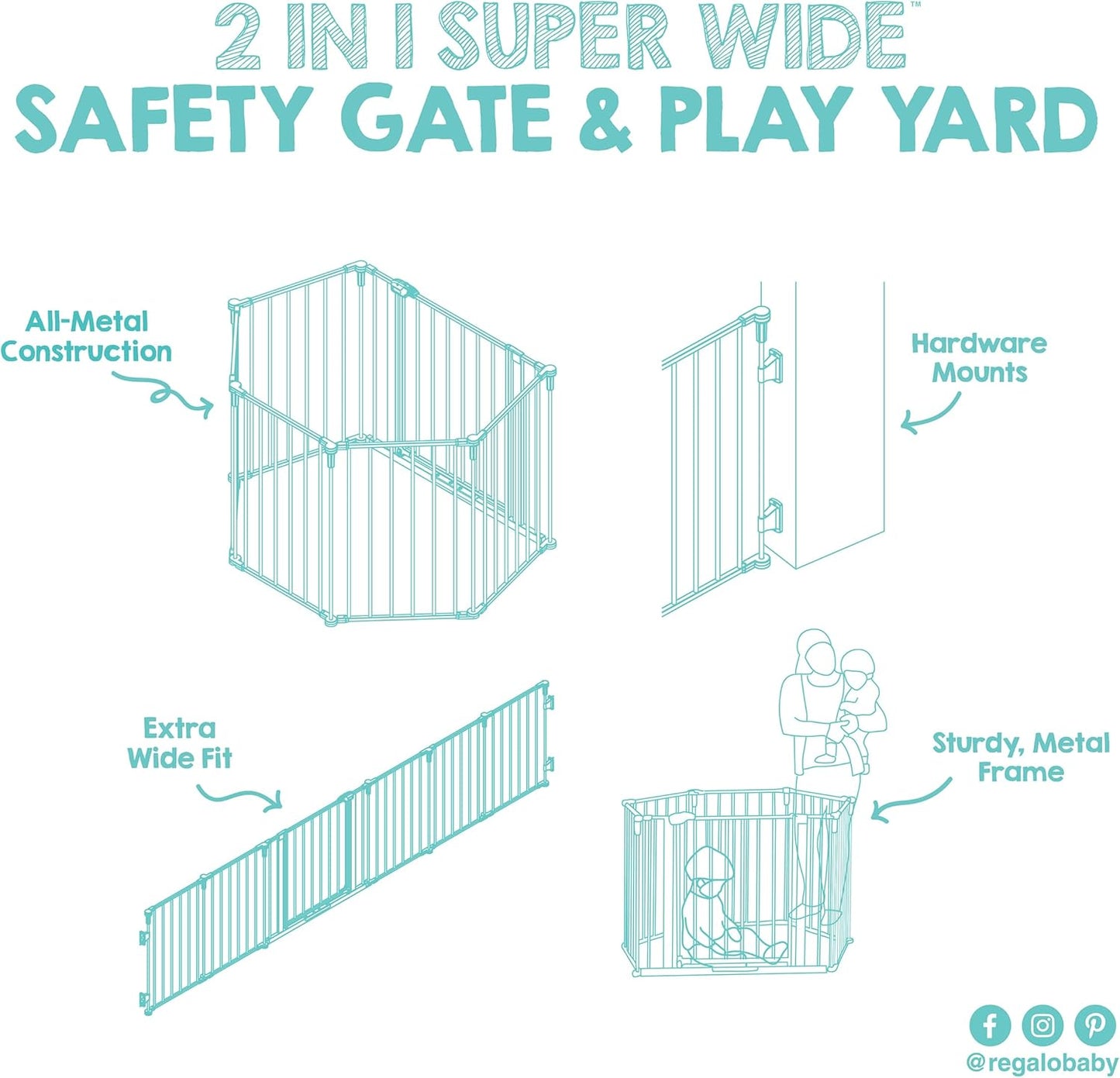 Regalo Safety 192" Super Wide Baby Gate & Play Yard, 2-in-1 Convertible Extra Wide Safety Barrier, Hardware Mounted for Toddlers & Pets, Tested & Safe for 30 Years, American Designed & Owned, White