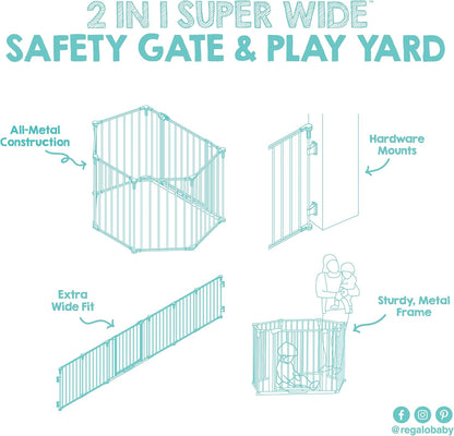 Regalo Safety 192" Super Wide Baby Gate & Play Yard, 2-in-1 Convertible Extra Wide Safety Barrier, Hardware Mounted for Toddlers & Pets, Tested & Safe for 30 Years, American Designed & Owned, White
