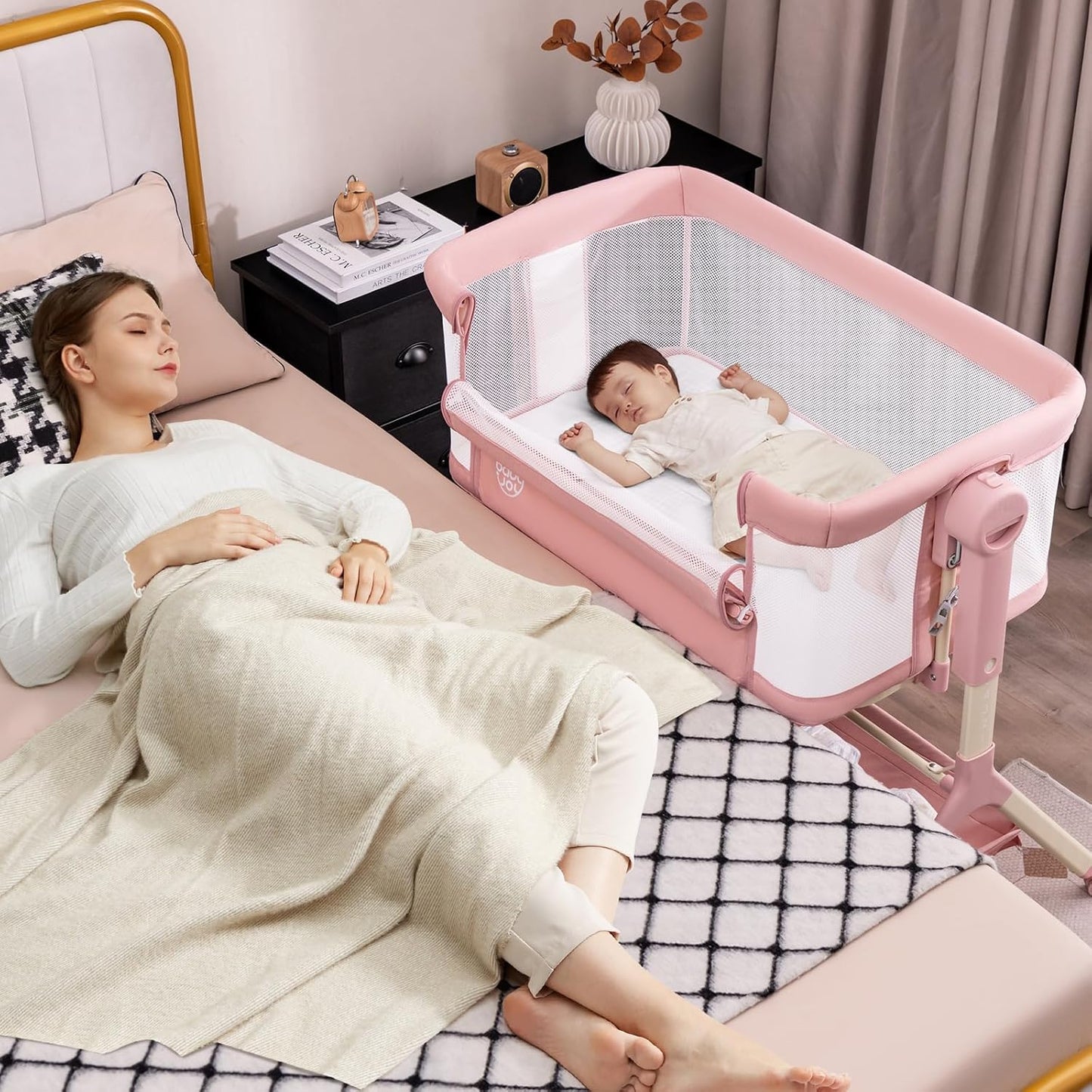 BABY JOY Bassinet Bedside Sleeper, Easy Folding Baby Crib w/All-Side Mesh, Storage Shelf, 7 Adjustable Heights, Mattress & Travel Bag for Safe Co-Sleeping, Portable Baby Bed for Newborn Infant -Gray