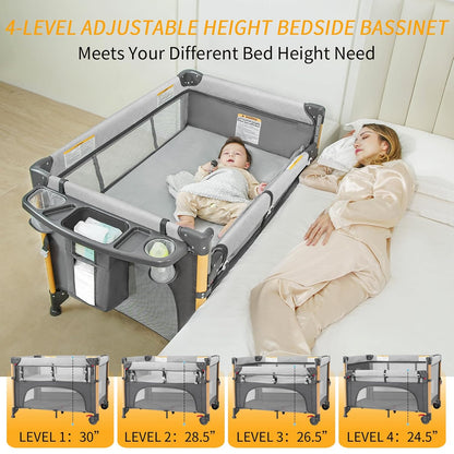 Baby Bassinet Bedside Crib with One-Hand Setup 5-in-1 Foldable Pack n Play for Travel, Portable Baby Bassinet with Diaper Changer & Adjustable Mattress for Newborn to Toddler (Grey)