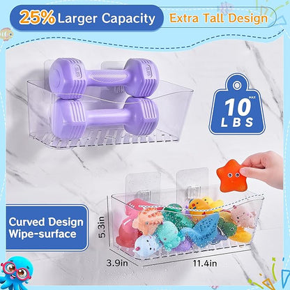 Antimbee Clear Bath Toy Storage, Large Capacity Bath Toy Holder, Quick Dry Bathtub Toy Storage Organizer, No Drill Adhesive Shower Caddy, Bathroom Shower Toy Basket for Baby Toddler Kids, 2 Pack
