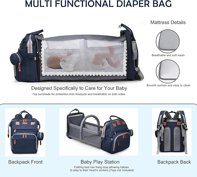 Diaper Bag with Changing Station, Travel Diaper Bag Mosquito Net, Waterproof, Insulated Bottle Pockets, Multiple Compartments, Stroller Straps, Easy Diaper Changes, Unisex Blue