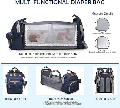 Diaper Bag with Changing Station, Travel Diaper Bag Mosquito Net, Waterproof, Insulated Bottle Pockets, Multiple Compartments, Stroller Straps, Easy Diaper Changes, Unisex Blue