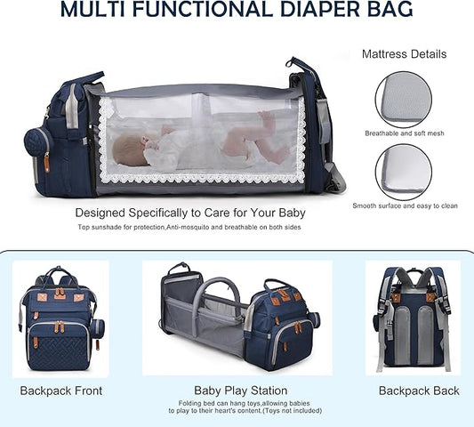 Diaper Bag with Changing Station, Travel Diaper Bag Mosquito Net, Waterproof, Insulated Bottle Pockets, Multiple Compartments, Stroller Straps, Easy Diaper Changes, Unisex Blue