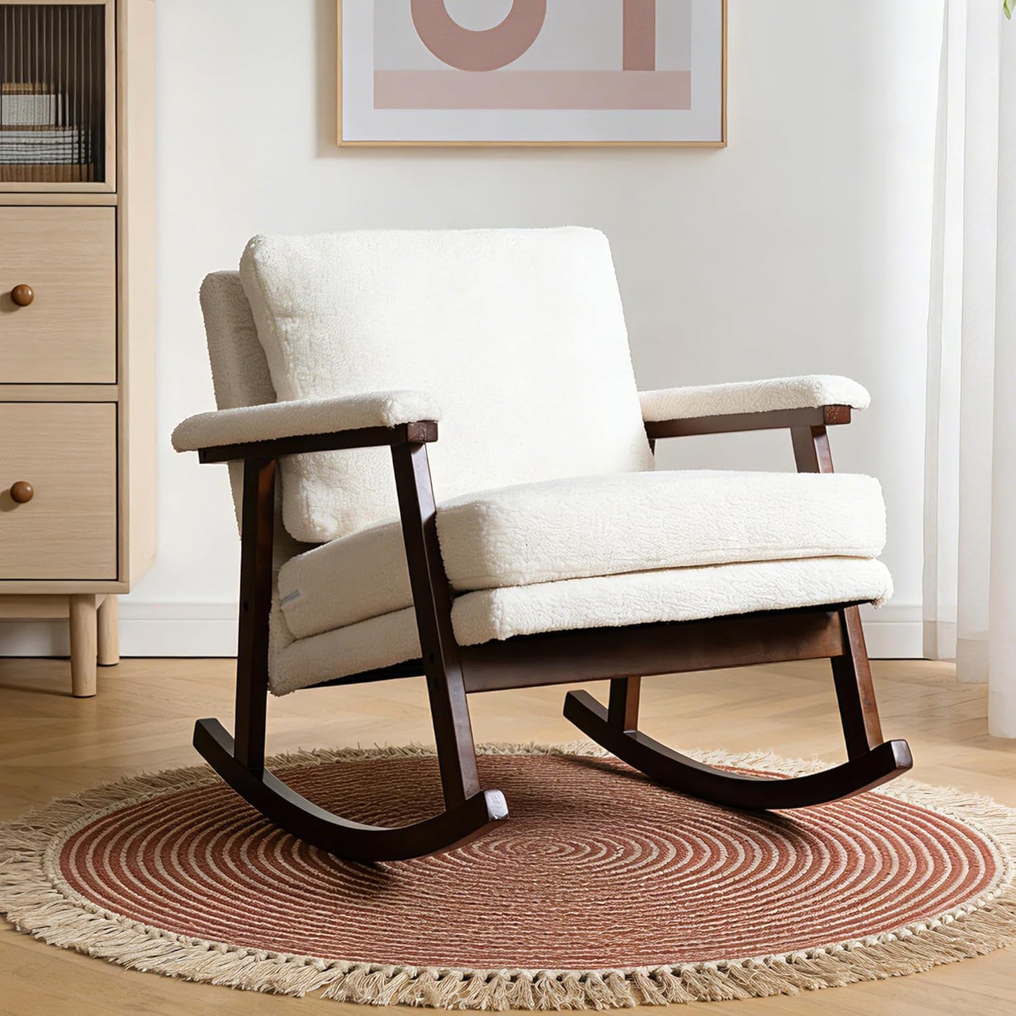 Rocking Accent Chair, Nursery Upholstered Glider Cozy Small Rocker Rocking Chair for Adult, Comfy Side Modern Arm Chair for Living Room/Bedroom/Offices/Balcony-White