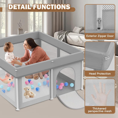Foldable Baby Playpen 50"×50", Playard for Babies and Toddlers, Portable Safety Baby Fence Lightweight,No Installation, Indoor & Outdoor Playpen with Ocean Balls*50, Grey