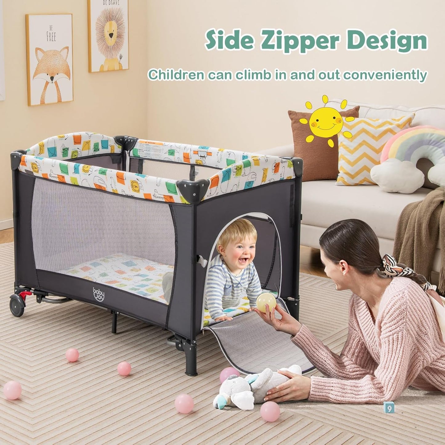 BABY JOY 5-in-1 Pack and Play, Baby Bedside Sleeper with Bassinet, Portable Baby Playard with U-Shaped Diaper Changer, Safety Strap, Multifunction Baby Bassinet Bedside Crib from Newborn to Toddlers