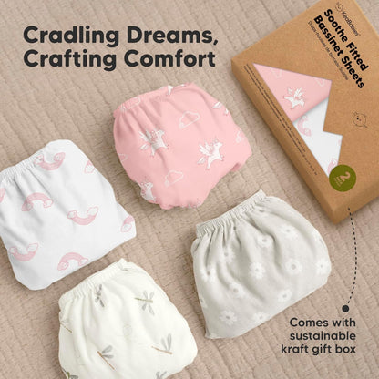 2-Pack Organic Bassinet Sheets for Girls, Boys - 100% Cotton Bassinet Mattress Sheets Compatible with Halo Bassinest Swivel Sleeper, Graco, Baby Delight, Chicco, Unisex Fitted Bassinet Sheets (Elly)