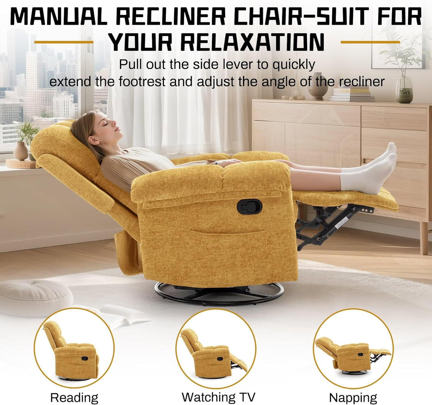 Korser Recliner Chair, Swivel Rocker Recliner Chair for Adults, Small Recliners for Small Spaces, Upholstered Manual Recliner with Side Pockets, Nursery Rocking Chair for Living Room, Chenille, Beige