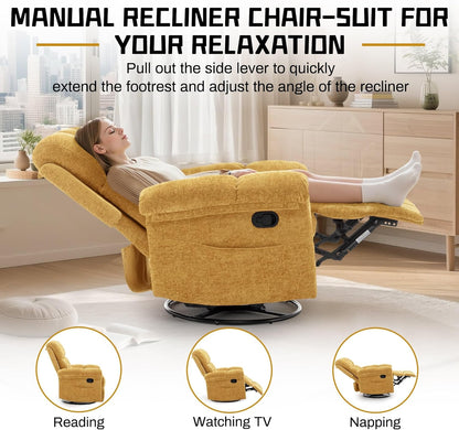 Korser Recliner Chair, Swivel Rocker Recliner Chair for Adults, Small Recliners for Small Spaces, Upholstered Manual Recliner with Side Pockets, Nursery Rocking Chair for Living Room, Chenille, Beige