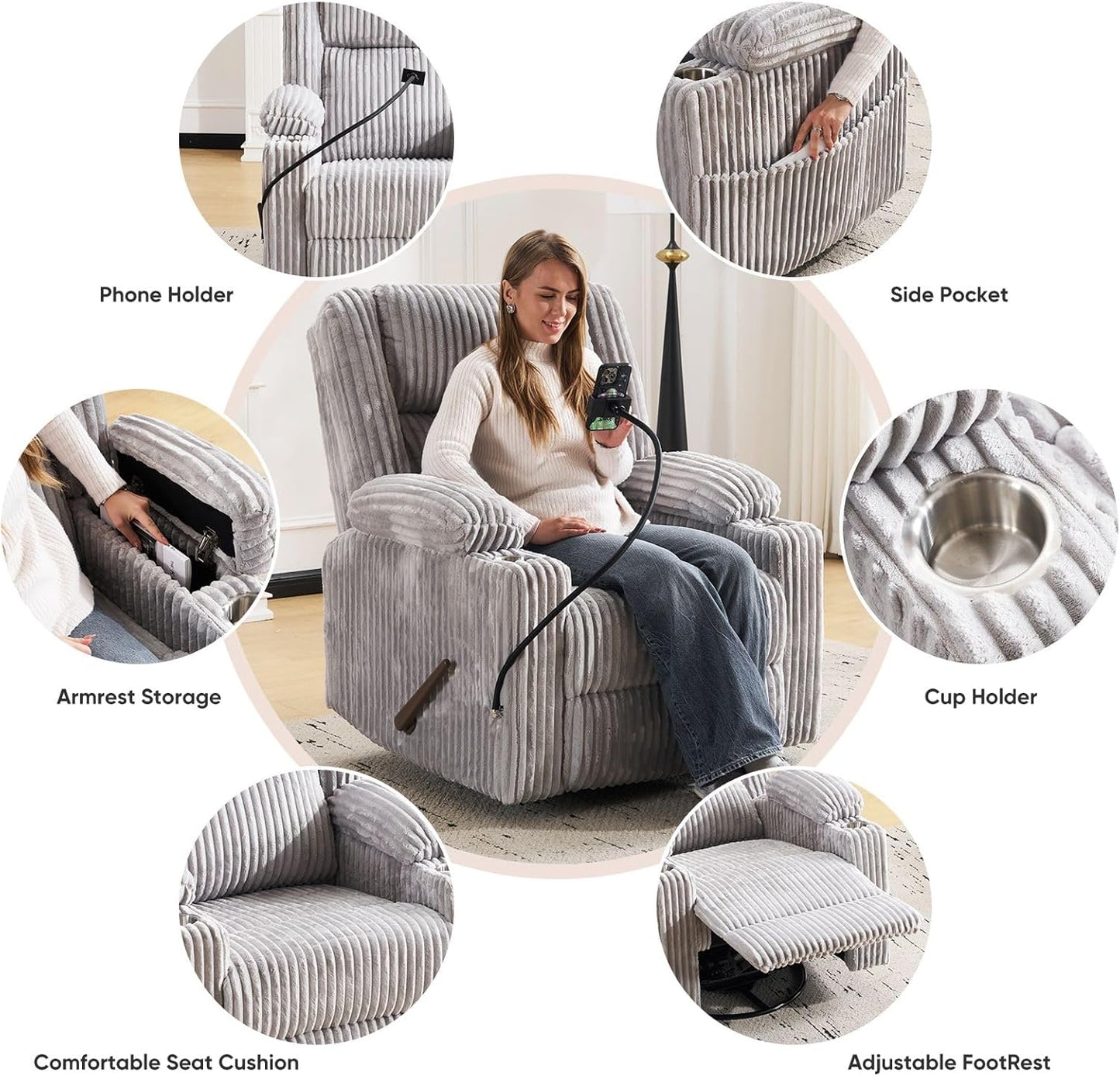 Oversized Power Recliner Chair with Massage and Heat, Swivel Rocker Recliner Chair for Adults with Arm Storage, Nursery Glider Recliner with Adjustable Headrest and Phone Stand, Side Pockets, Beige