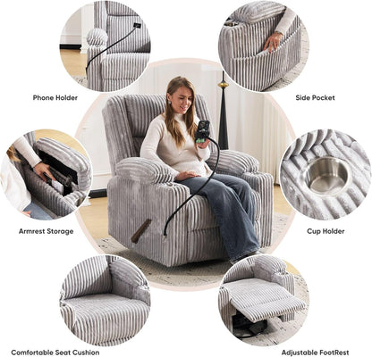 Oversized Power Recliner Chair with Massage and Heat, Swivel Rocker Recliner Chair for Adults with Arm Storage, Nursery Glider Recliner with Adjustable Headrest and Phone Stand, Side Pockets, Beige