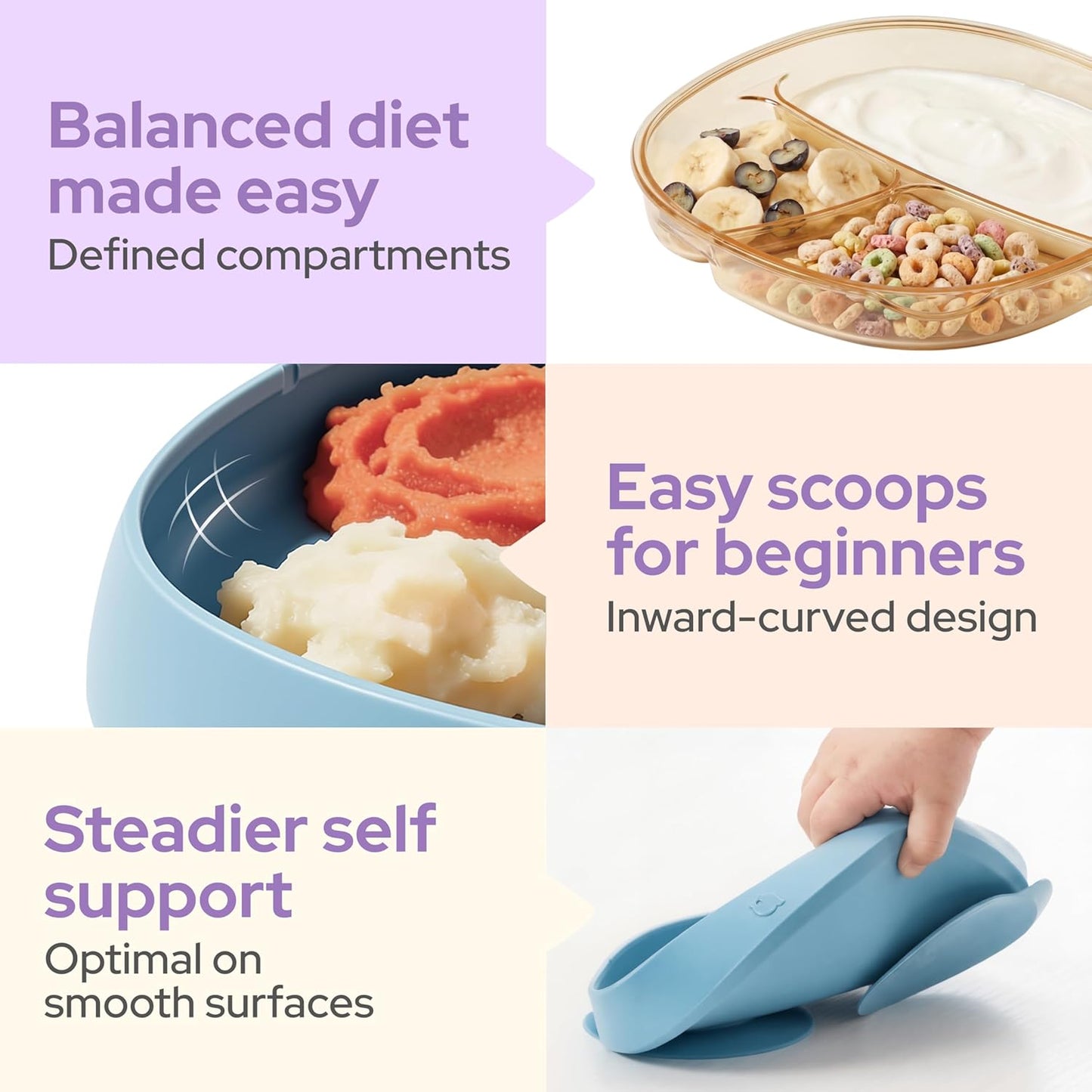 3-in-1 Baby Suction Plates for Toddlers 6-36 Months - Premium Bottle-Grade PPSU Silicone Divided Dishes, Stage-Based Self-Feeding Supplies, BPA Free Stain & Odor Resistant, Microwave Dishwasher Safe
