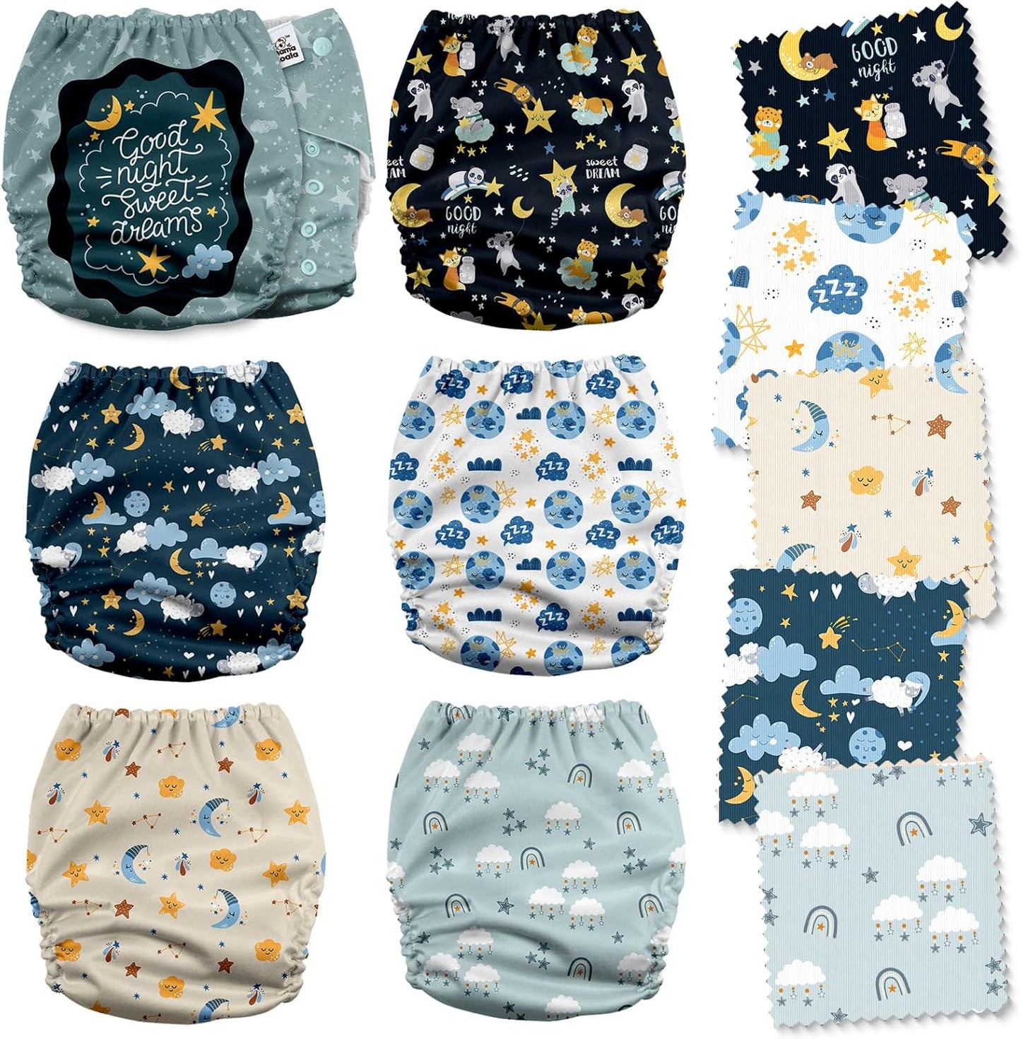 Mama Koala 3.0 Pocket Cloth Diapers for Babies with AWJ Lining, 6 Pack with 6 4-Layer Natural Cloth Diaper Inserts - Reusable and Washable Pocket Diapers(Hardworking Bees) - Colors B