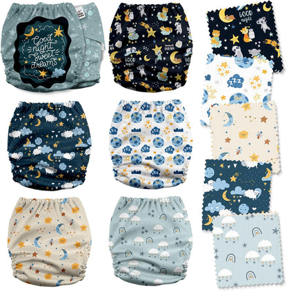 Mama Koala 3.0 Pocket Cloth Diapers for Babies with AWJ Lining, 6 Pack with 6 4-Layer Natural Cloth Diaper Inserts - Reusable and Washable Pocket Diapers(Hardworking Bees) - Colors B
