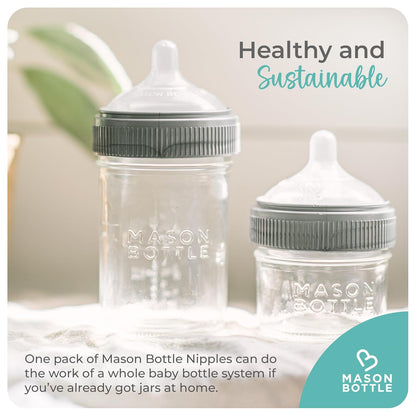 Mason Bottle Medium Flow Nipples (3–6 Months) – Silicone Baby Bottle Nipples, Fits Any Regular-Mouth Mason Jars – Wide Natural Shape, BPA-Free, Non-Toxic, Made in USA (2-Pack)