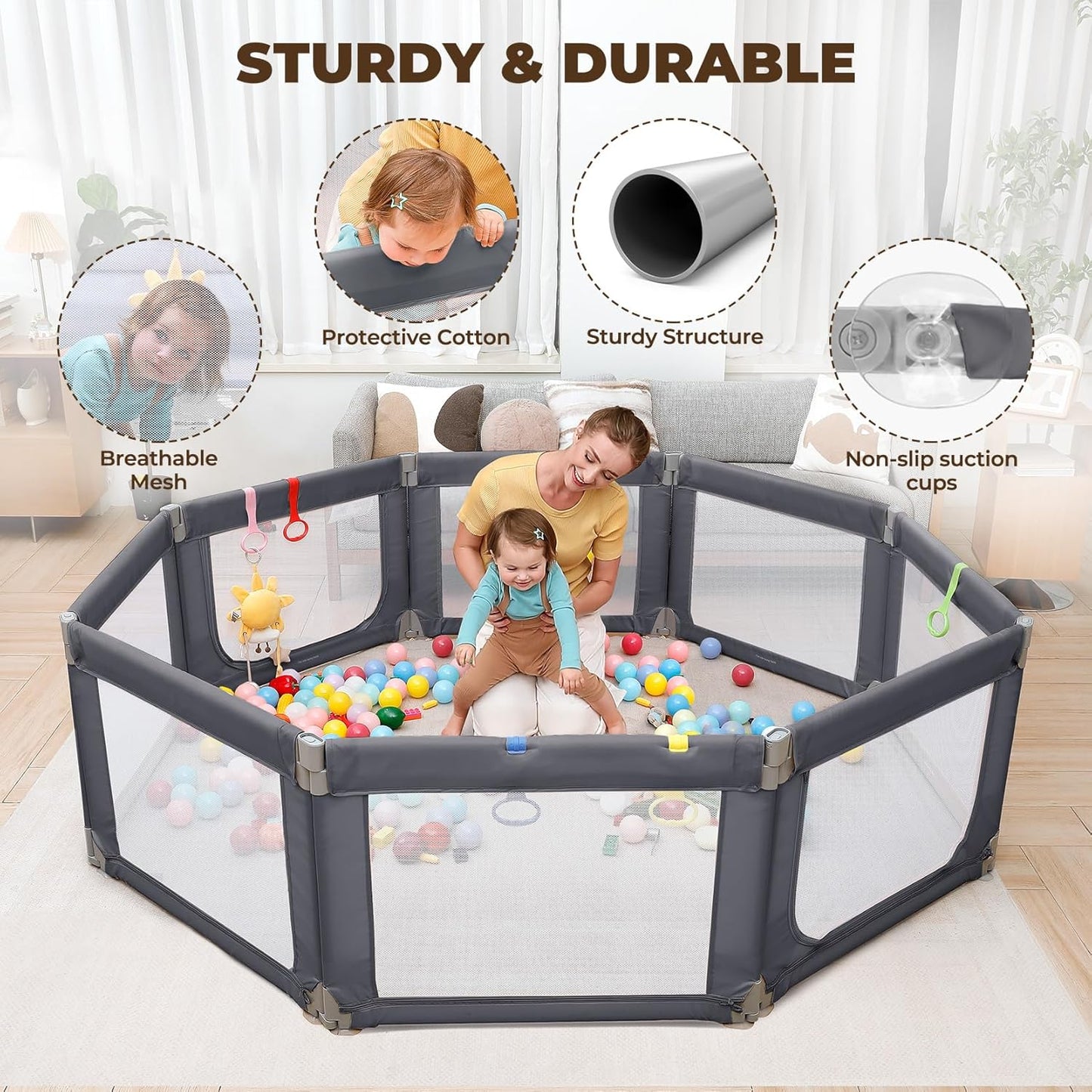 Dripex Baby Playpen, 47"x47" Small Playpen for Babies, Enhanced Safety Baby Play Yard for Indoor & Outdoor, Infant Play Pen with Soft Breathable Visible Mesh, Anti-Fall Design & Easy Setup, Grey