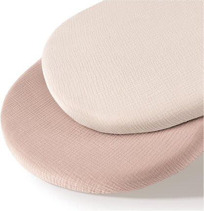 MairMore 2 Pack Muslin Fitted Bassinet Sheets for Babies, Soft & Breathable 100% Cotton Bedside Sleeper Bassinet Sheet, Moses Basket Oval Rectangle Pad/Mattress (Pink Blossom)