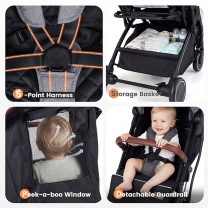 INFANS Travel Stroller, Lightweight Compact Baby Stroller for Airplane with One-Hand Fold, Multi-Position Recline, Canopy, 4 Wheel Suspension, Storage Basket (Grey+Black)