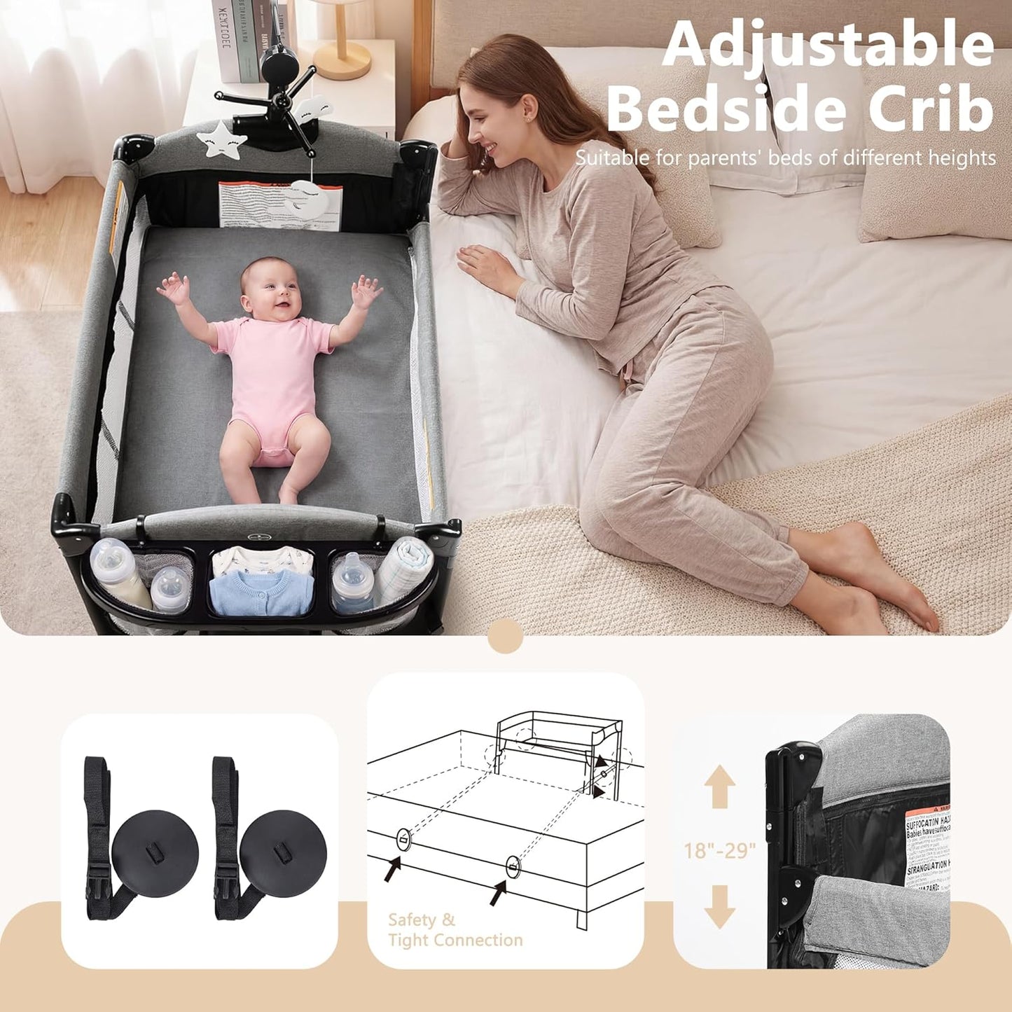 Kinder King 4 in 1 Portable Baby Playard, Foldable Baby Bedside Crib w/Bassinet, Infant Pack and Play Playard Toddler Large Playpen, Newborn Changing Table, Storage Basket, Grey