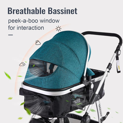 Baby Stroller, 2-in-1 Reversible Toddler Seat with Lie-Flat Mode, Foldable Infant Stroller with Canopy, One Button Brake, Adjustable Handle, Newborn Pushchair (Black B)