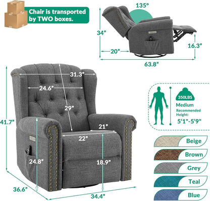 VIVIJASON Power Swivel Rocking Recliner Chair with Massage & Heat, Electric Rocker Nursery Glider Chair, Wingback Tufted Upholstered Recliner W/Type-C & USB Ports for Living Room, Bedroom, Beige