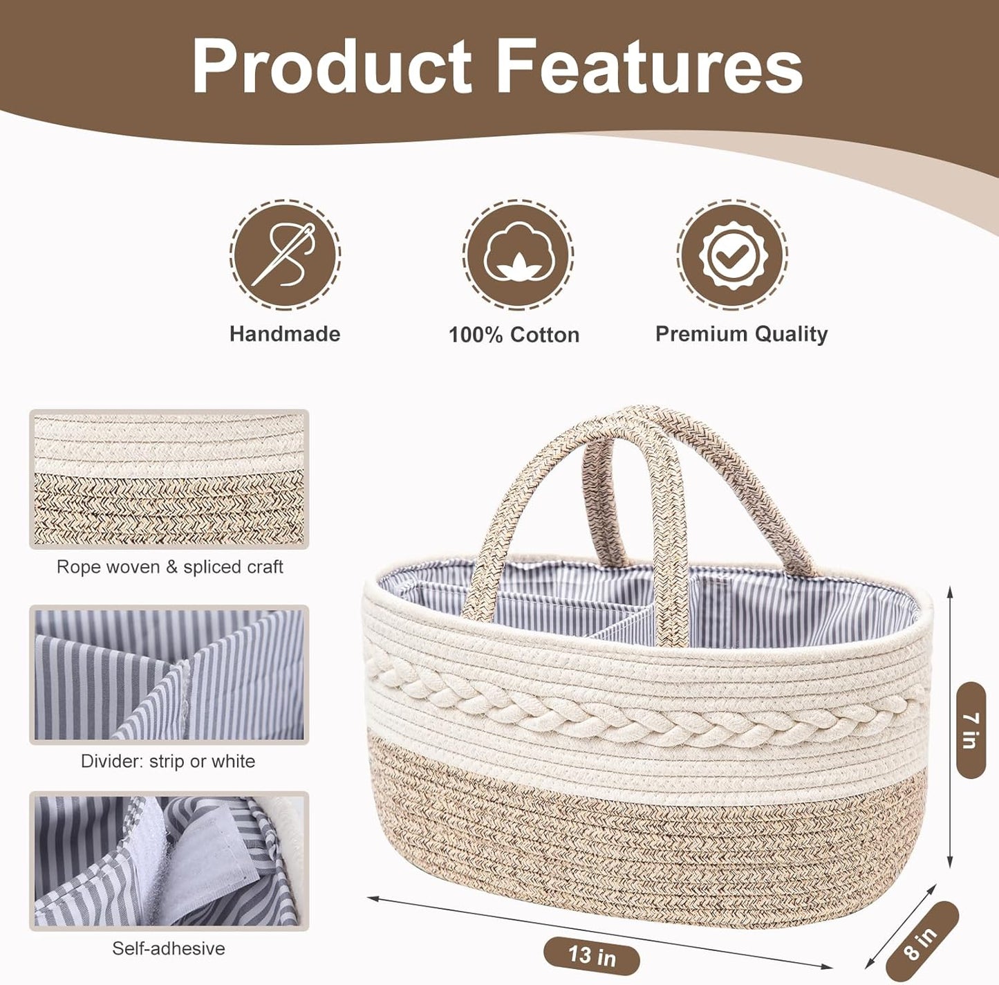 Baby Diaper Caddy Organizer, Portable Nursery Storage Basket with Changeable Compartments, 100% Cotton Woven Rope Baskets, Car & Changing Table Tote, Newborn Gift
