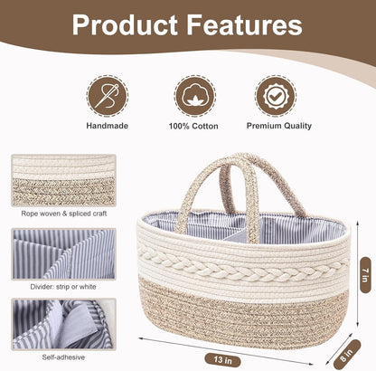 Baby Diaper Caddy Organizer, Portable Nursery Storage Basket with Changeable Compartments, 100% Cotton Woven Rope Baskets, Car & Changing Table Tote, Newborn Gift