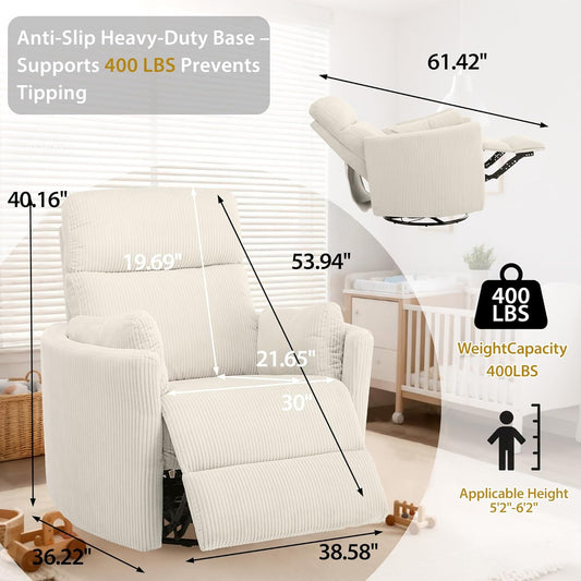 Oversized Swivel Rocking Chair, Manual Large Rocker Recliner Chairs for Adults, Corduroy Nursery Glider Barrel Chair with 2 Pillows, Wide Recliner for Living Room, Bedroom, Nursery, White