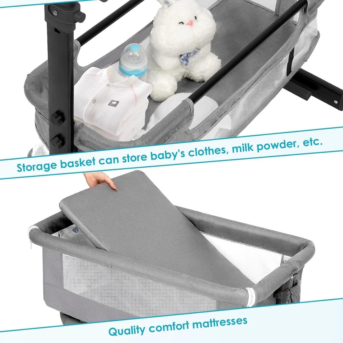 Baby Bassinets Bedside Sleeper, 3 in 1 Baby Bassinet, Adjustable Easy Folding Portable Bed, with Mosquito Nets, Large Storage Bag, Comfortable Mattresses, for Infant/Baby/Newborn (Gray)