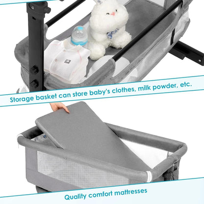 Baby Bassinets Bedside Sleeper, 3 in 1 Baby Bassinet, Adjustable Easy Folding Portable Bed, with Mosquito Nets, Large Storage Bag, Comfortable Mattresses, for Infant/Baby/Newborn (Gray)
