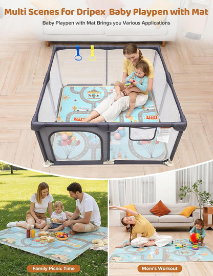 Dripex Baby Playpen, 47"x47" Small Playpen for Babies, Enhanced Safety Baby Play Yard for Indoor & Outdoor, Infant Play Pen with Soft Breathable Visible Mesh, Anti-Fall Design & Easy Setup, Grey