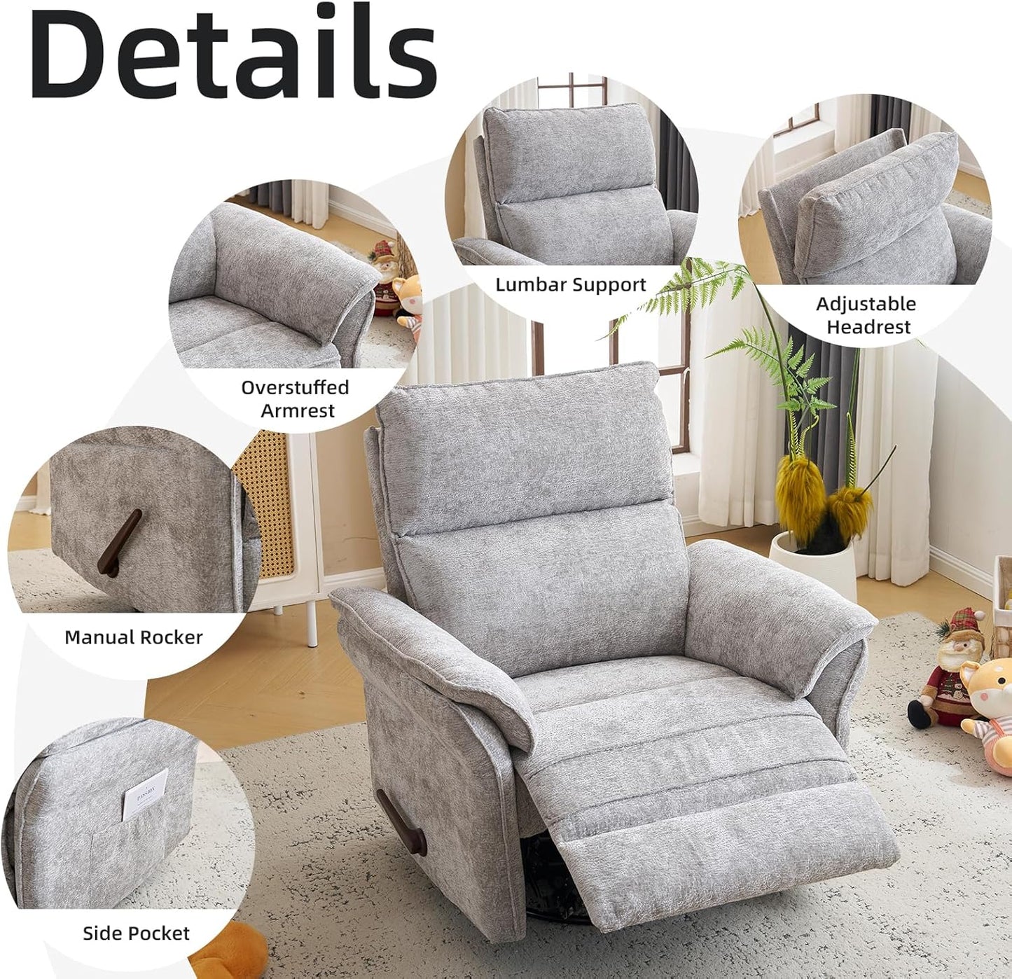 Oversized Glider Rocker Recliner, 26" Extra Wide 360° Swivel Nursery Recliner with Adjustable Headrest, Chenille Rocking Nursery Chair with Overstuffed Armrest, Lumbar Support, Light Grey
