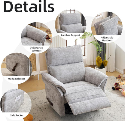 Oversized Glider Rocker Recliner, 26" Extra Wide 360° Swivel Nursery Recliner with Adjustable Headrest, Chenille Rocking Nursery Chair with Overstuffed Armrest, Lumbar Support, Light Grey
