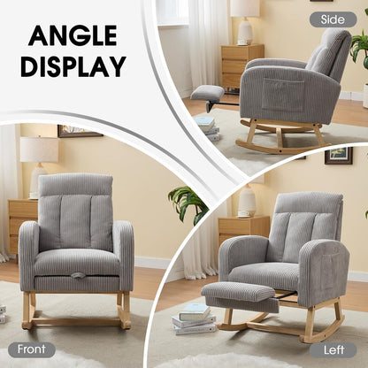 NIOIIKIT Nursery Rocking Chair, Corduroy Upholstered Rocking Chair with Adjustable Footrest, Tufted Rocker Chair with Side Pocket, Glider Rocker for Living Room, Bedroom (Cream Retro)