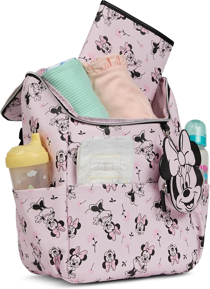 Disney Diaper Bag Backpack with Changing Pad Minnie Mouse – 16” Nylon Baby Bag for Parents, Insulated Bottle Holders, Multiple Storage Pockets