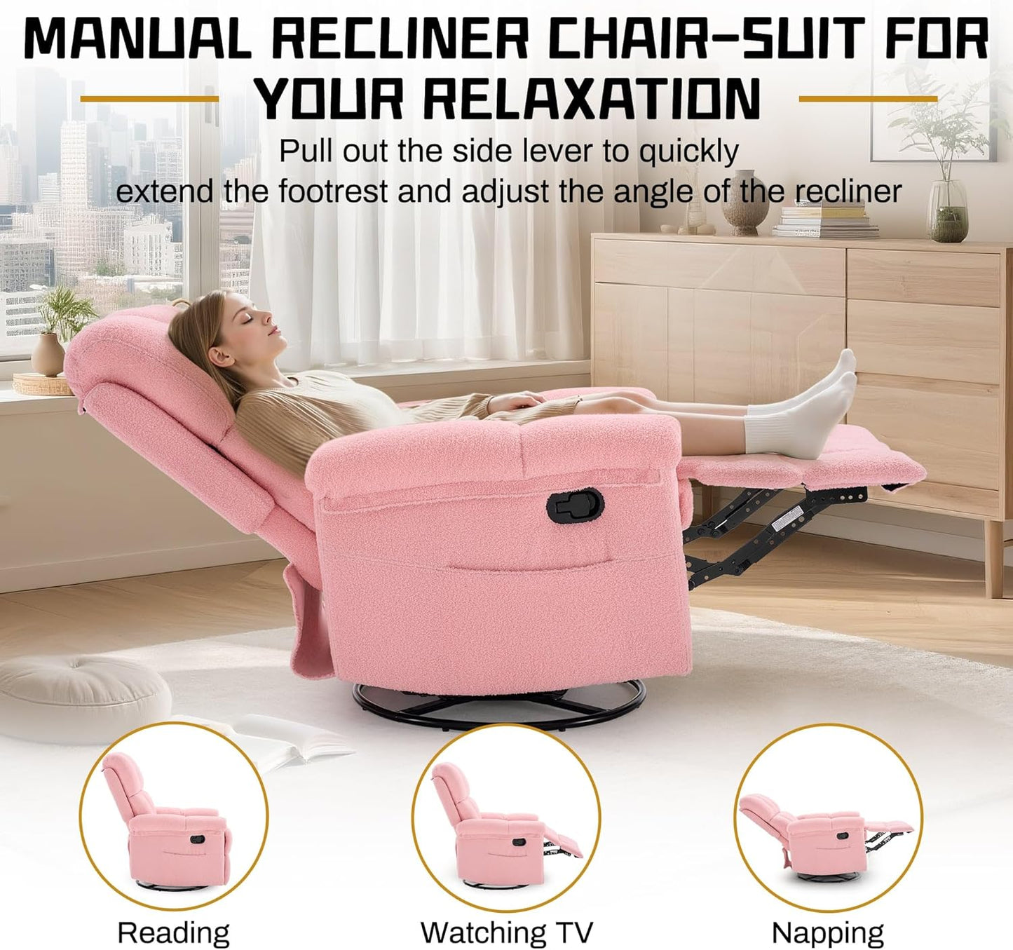 Korser Recliner Chair, Swivel Rocker Recliner Chair for Adults, Small Recliners for Small Spaces, Upholstered Manual Recliner with Side Pockets, Nursery Rocking Chair for Living Room, Chenille, Beige