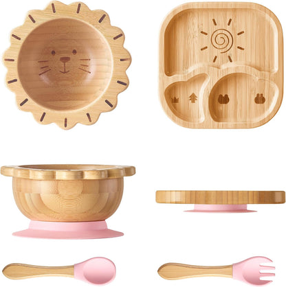 Suction Plates Bowls Set for Baby Toddler Non-Toxic Bamboo Feeding Set with Silicone Fork & Spoon (Green Feeding Set)