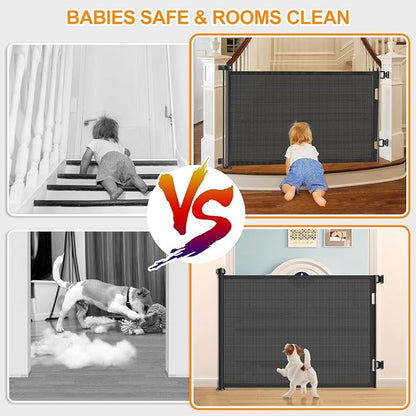 55 Inch Retractable Baby Gates Extra Wide, 41 Inch Reinforced Extra Tall Gate Mesh Safety Gate for Kids Pets, Retractable Dog Gate Baby Retractable Gate for Stair Hallway Doorway Indoor Outdoor, Black
