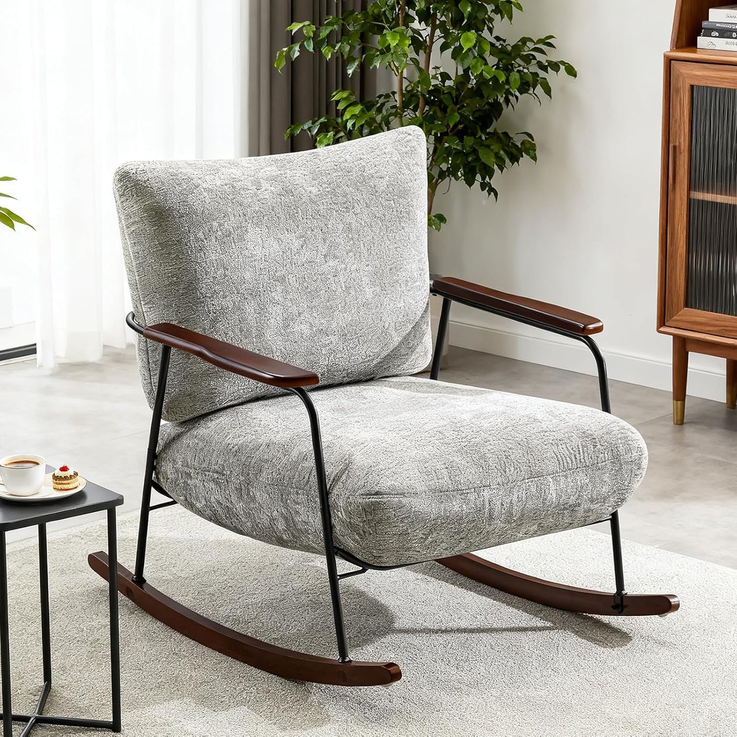 Rocking Chair Nursery Upholstered Glider Chair with Armrests Wood Legs for Relaxing, Comfortable Lounge Armchair Chenille Fabric for Living Room Bedroom, Gray