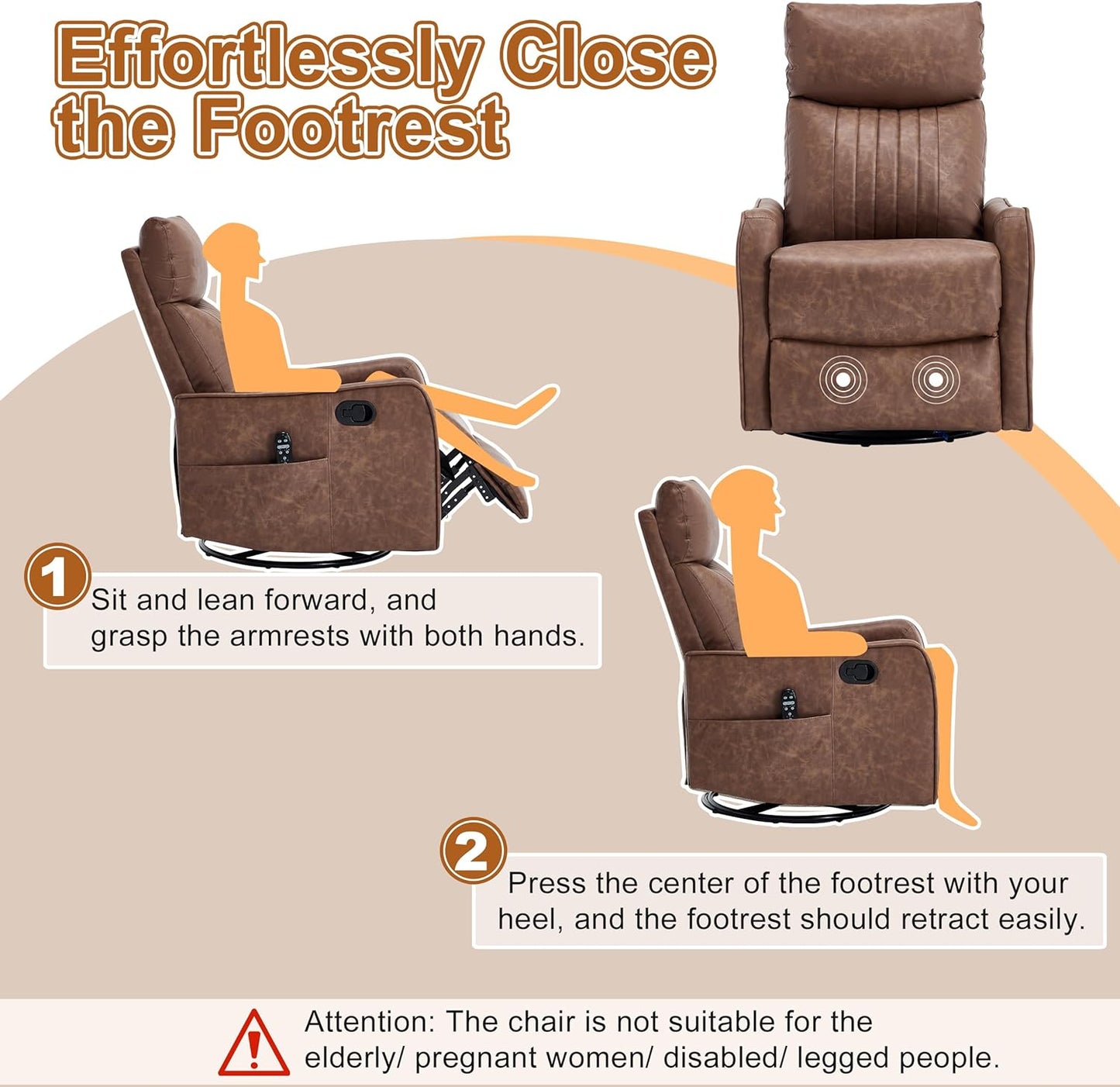 Manual 360° Swivel Rocker Recliner Chair for Adults, Overstuffed Glider Chair for Nursery with Vibration Massage and Heat, Comfy Soft Fabric Glider with Side Pockets for Living Room, Beige