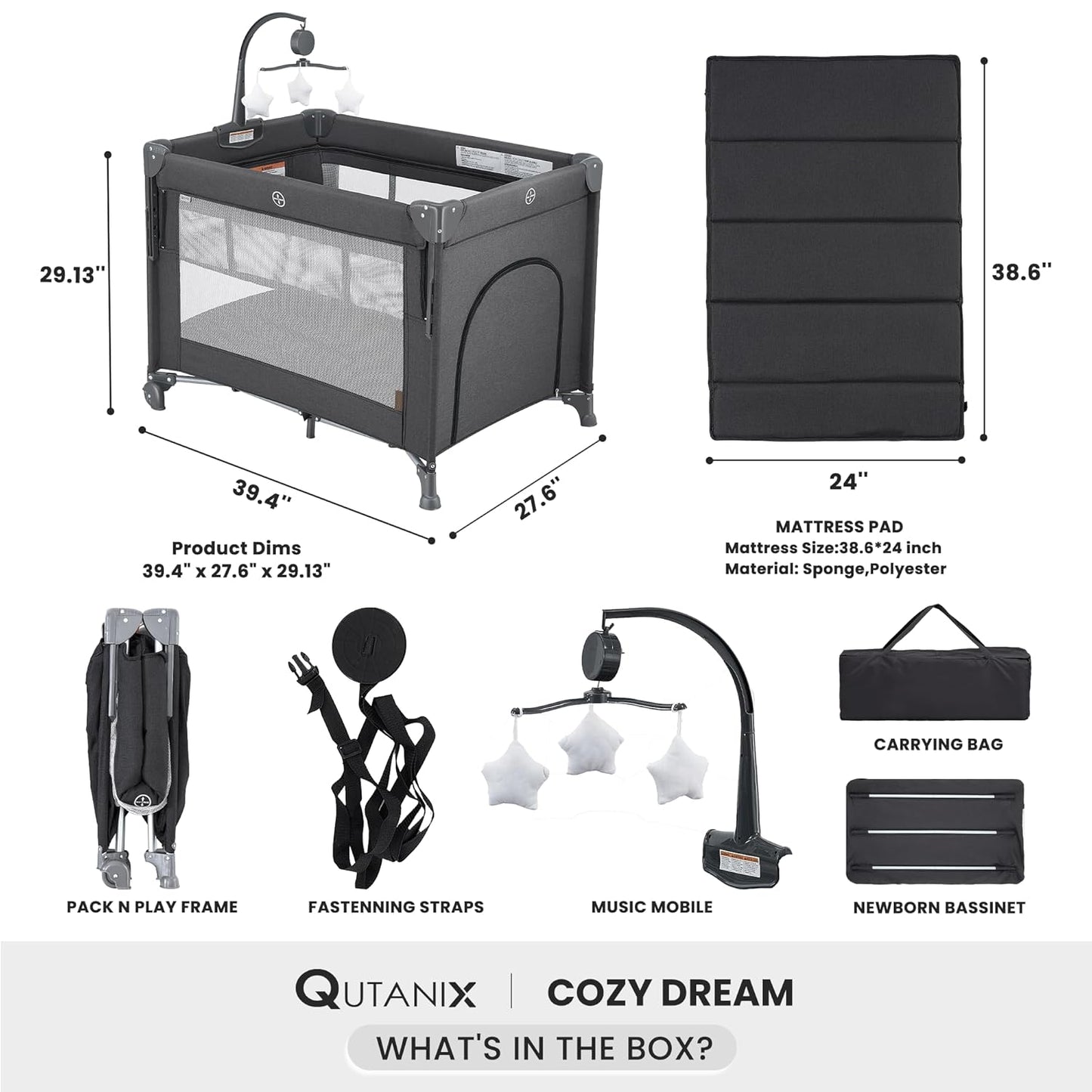 QUTANIX 2-in-1 Pack and Play with Mattress,Baby Bassinet Bedside Sleeper, Bedside Bassinet & Baby Playpen, Easy Folding Portable Crib for Newborn to Toddlers (Dark Grey)