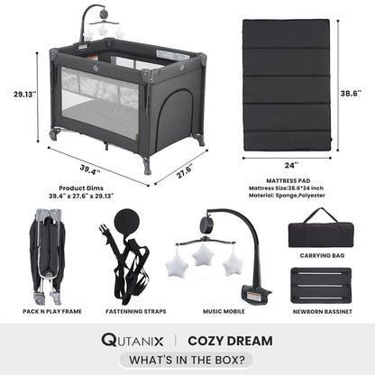 QUTANIX 2-in-1 Pack and Play with Mattress,Baby Bassinet Bedside Sleeper, Bedside Bassinet & Baby Playpen, Easy Folding Portable Crib for Newborn to Toddlers (Dark Grey)