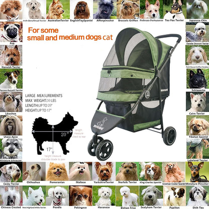 ROODO 3 Wheel Dog Pet Cat Stroller Best Lightweight Foldable Compact Portable Jogger All Terrain Travel Pet Gear Puppy Kitty Stroller for up to 30lbs Medium Small Dogs and Cats(Light Khaki)