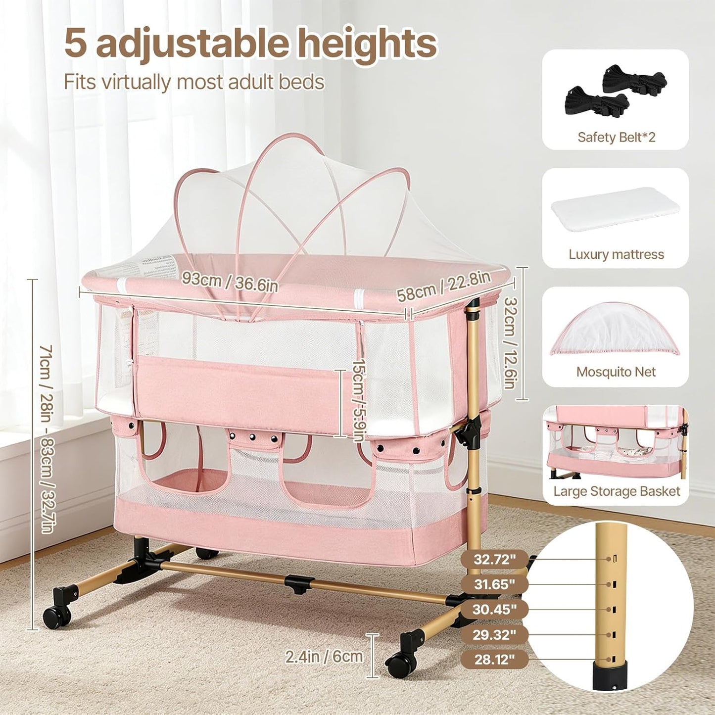 Baby Bassinet, 3 in 1 Infant Bassinet Bedside Sleeper, Bassinet with Cover, Rocking Bedside Bassinet for Baby with Storage Basket, Foldable & Adjustable Travel Crib (Light Pink)