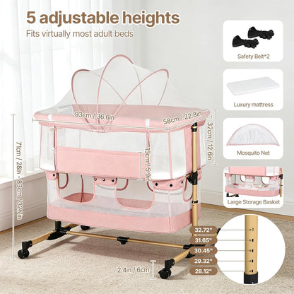 Baby Bassinet, 3 in 1 Infant Bassinet Bedside Sleeper, Bassinet with Cover, Rocking Bedside Bassinet for Baby with Storage Basket, Foldable & Adjustable Travel Crib (Light Pink)