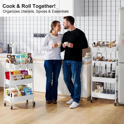 3 Tier Heavy Duty White Metal Rolling Cart with Lockable Wheels, Three Tier Roller Book Snack Cart, Utility Storage Organizer Carts for Kitchen, Bathroom, Garage, Baby Diaper, Craft, Art, Teacher