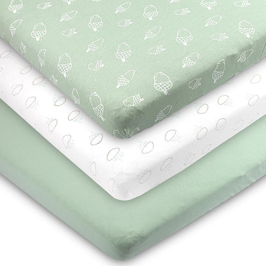3-Pack Bedside Sleeper Bassinet Sheets | GOTS Certified Organic 100% Muslin Cotton | Ultra Soft & Breathable | 33×20×4” Fitted Sheets | Universal Fit 29–33” x 17–21” Pads