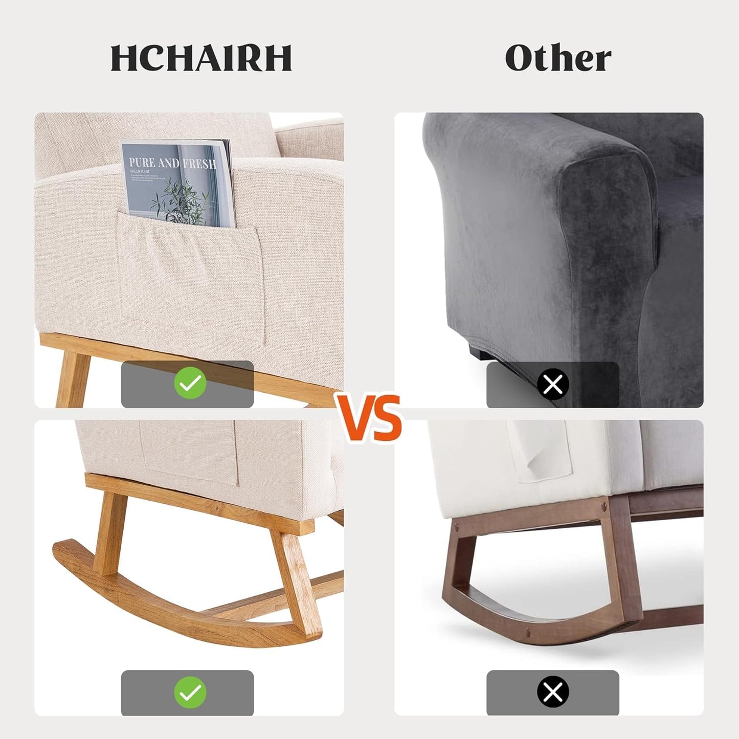HCHAIRH Rocking Chair Nursery, Upholstered Fabricr Nursing Rocking Chairs with Soft High Back, Modern Nursery Glider Rocker for Mom Living Room, Bedroom, Camel