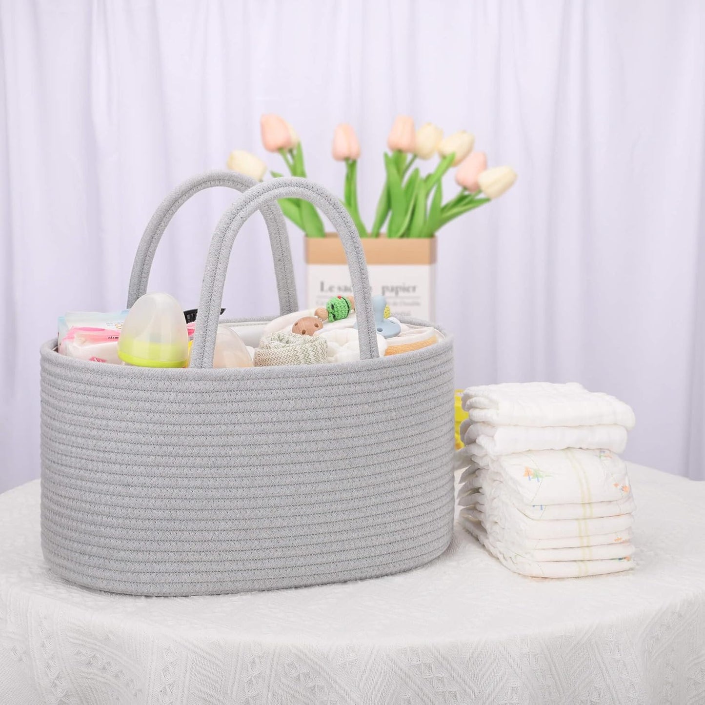 COMSE Baby Diaper Caddy Organizer, Car Caddy, Diaper Change Organizer, Gift Baskets Empty, Portable Tote Bag with Divider, Baby Shower Gifts Newborn Essentials Registry Must Have, Light pink